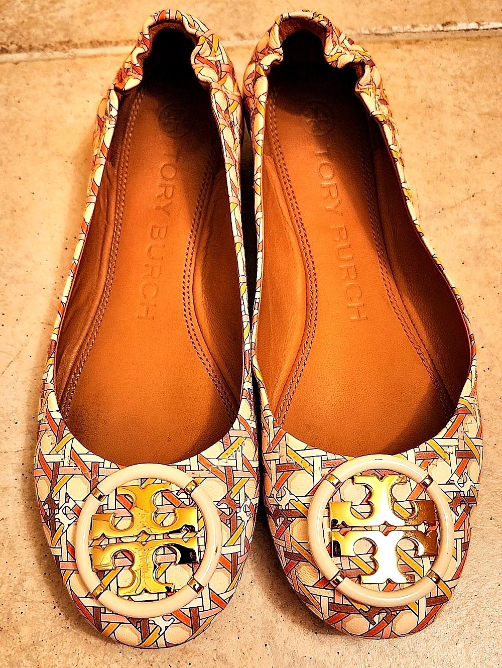 Tory Burch Printed Logo Ballet Flats in Orange, Brown & White